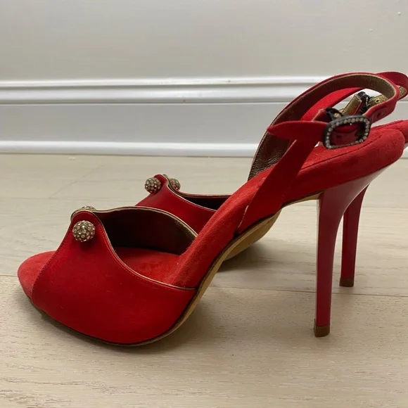 Donna Karan Red Satin Peep Toe Pumps slingback 8 4"heels - Picture 7 of 9